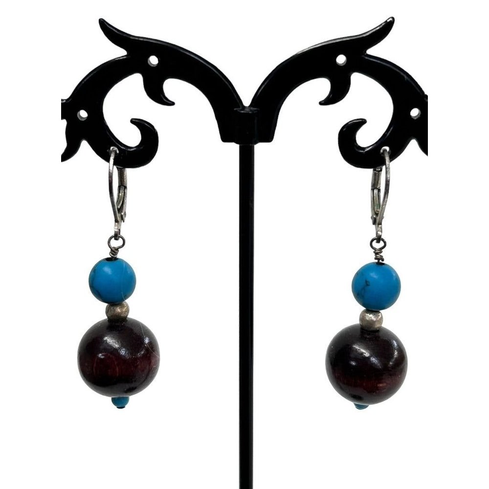 Silvertone Earrings Pierced Leverback Wood and Turquoise Beads 1.75" Drop Dangle